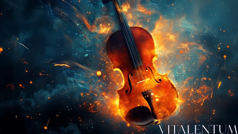 Fiery cello ignites against swirling cosmic blue smoke.