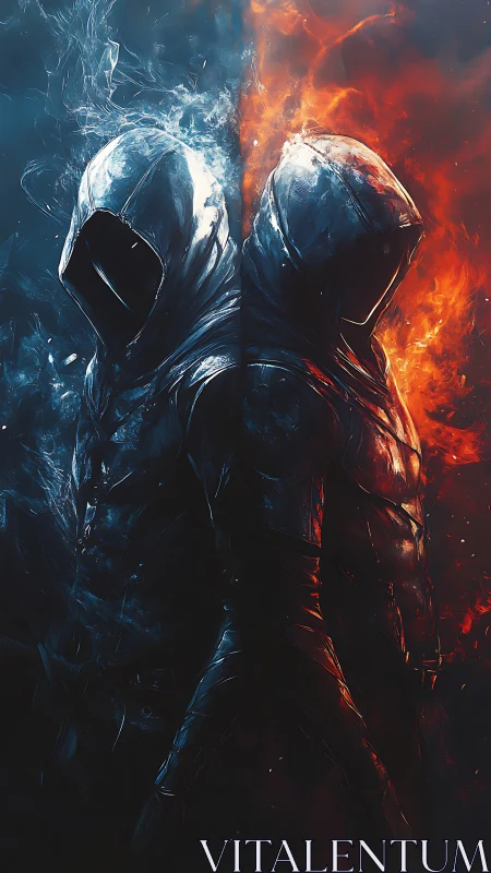 Twin hooded warriors divided by elemental fire and ice.