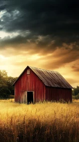 Storm-kissed red barn glowing in a wheatfield sunset hush.