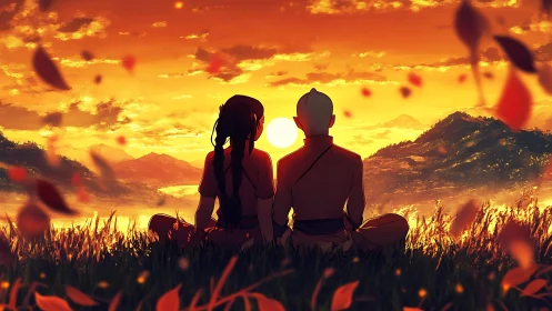 Dual-figure sunset meditation in stylized atmospheric valley.