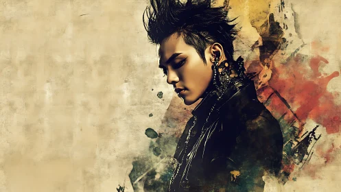 Side-profile digital portrait of moody punk figure with ink bursts