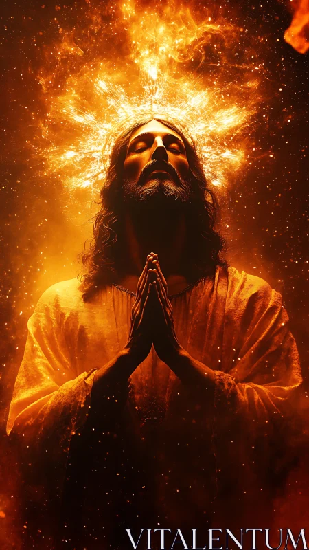 Blazing halo over praying figure in cosmic ember hush.