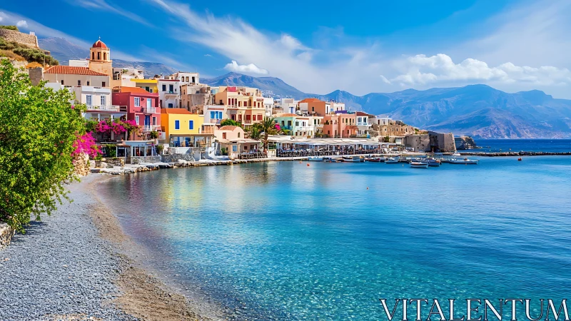 Coastal Mediterranean village with harbor and colorful houses.