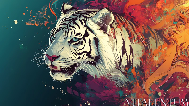 Majestic white tiger emerging through swirling colors.
