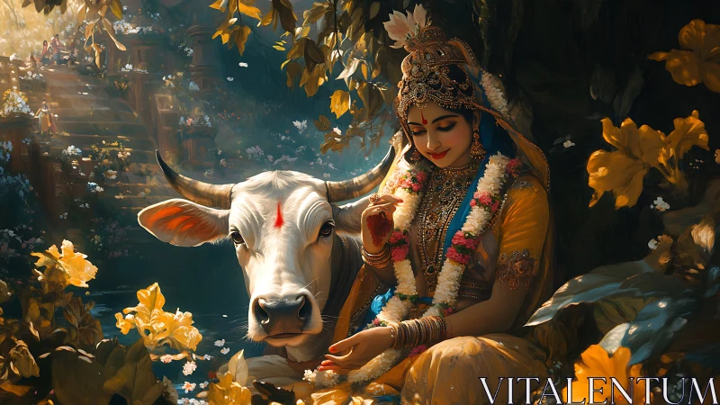 Devotional woman with cow in ornate floral landscape.