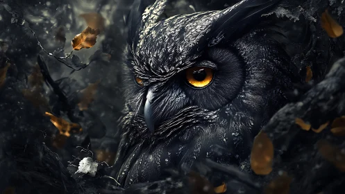 Moonlit owl gaze glows warmly in a shadowy forest hideaway