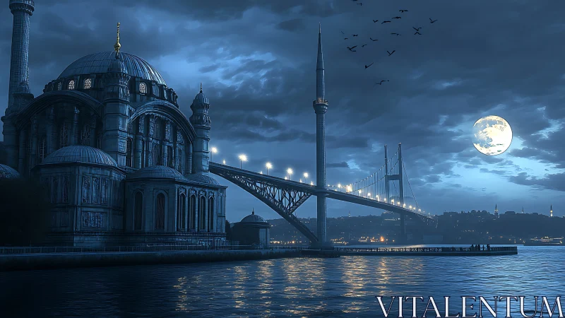 Moonlit bridge and domed skyline over tranquil harbor.
