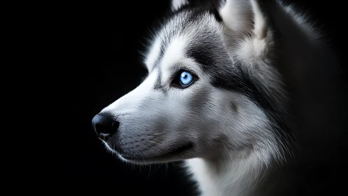 Side profile portrait of Siberian husky on black background.