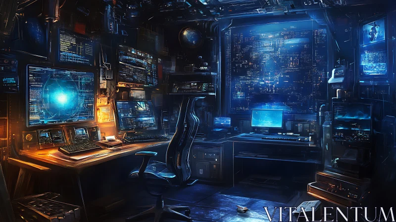 Midnight coder&rsquo;s neon-lit command center of glowing screens.