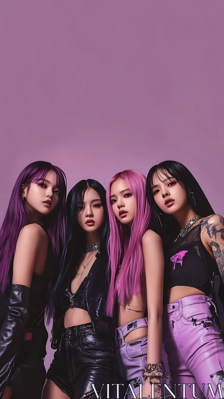 Four women pose against uniform purple backdrop in studio