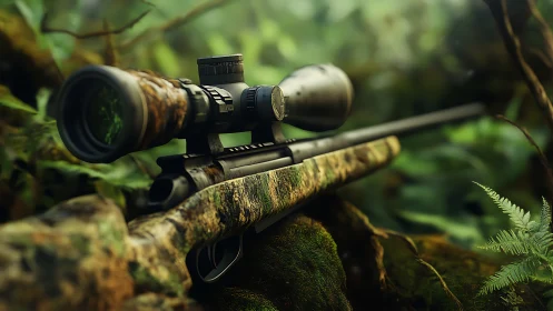 Scoped Rifle Mounted Forest Setting.
