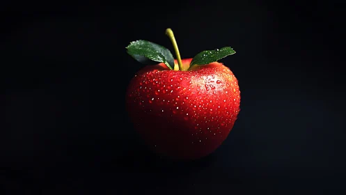 Red apple with water droplets on dark black background.