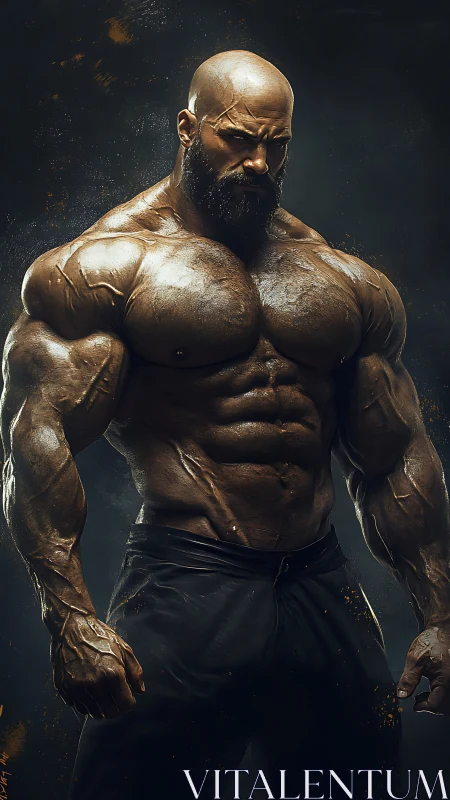 Hyper-realistic muscular bald bodybuilder in dark studio.