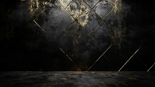 Dark geometric wall shimmers with distressed golden light