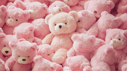 Soft beige teddy among pastel pink plush crowd.