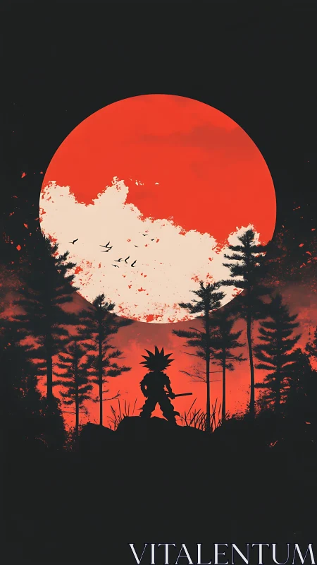 Silhouetted child warrior before large red celestial disc.