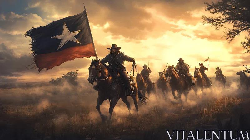 Texas cavalry charge at sunset with weathered lone star banner