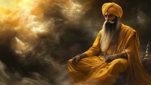 Regal turbaned elder seated in luminous golden clouds.