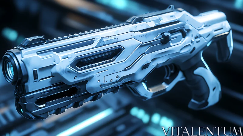 Futuristic sci fi rifle gleams under cold neon lab lights