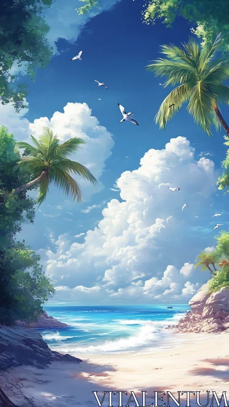 Tropical Beach Landscape with Palms and Seabirds