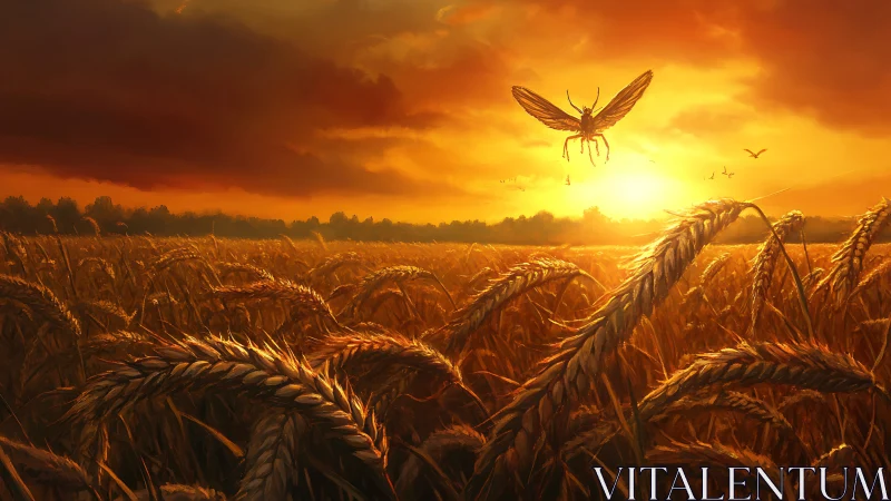 Apocalyptic wheat field under locust swarm at burning sunset
