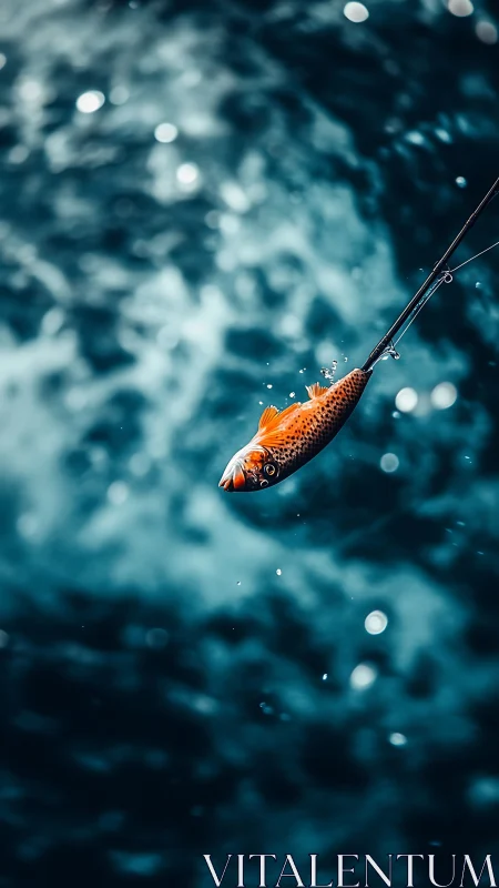 Vivid orange fish bait suspended above dynamic blurred water