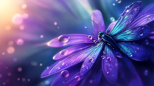 Iridescent butterfly rests on luminous violet petals.