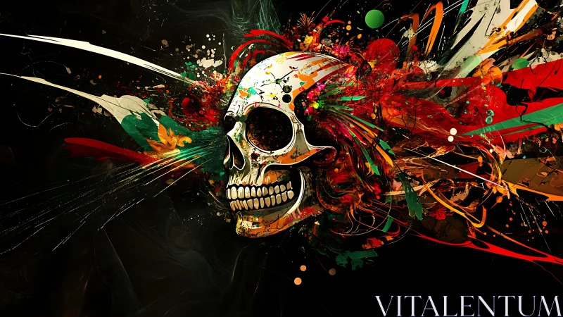 Human skull with dynamic abstract paint explosion artwork.