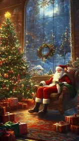 Santa in warm parlor under luminous winter bay window scene.