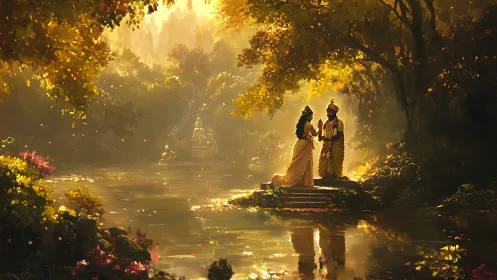 Divine couple beside river under golden forest light.