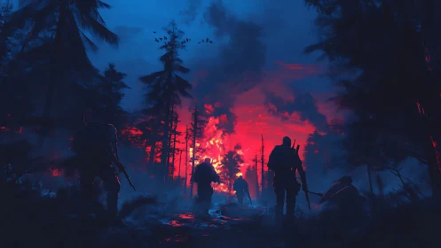 Firewalkers crossing neon dusk in a haunted war forest.