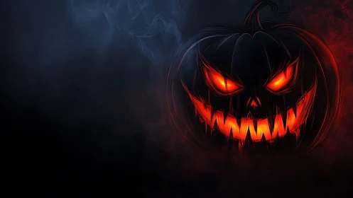 Fiery demonic pumpkin glows through swirling Halloween smoke.