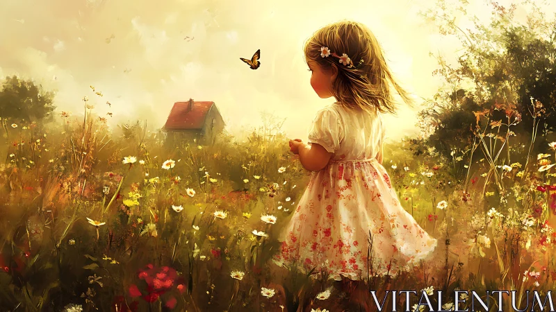Sunlit little girl follows a butterfly through a wild meadow