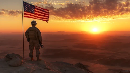 Armed soldier silhouetted beside US flag at desert sunrise