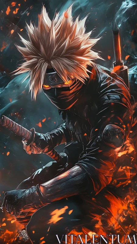 Armored ninja warrior framed by dynamic ember-lit backlighting