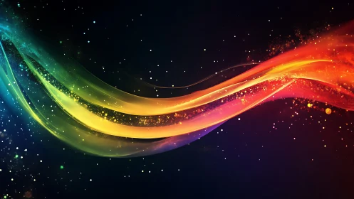 Curved multicolor light trails traverse a dark starfield