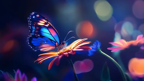 Luminous butterfly poised on neon daisy under bokeh dusk.