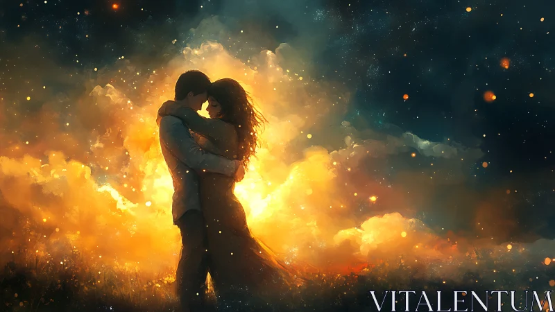 Silhouetted Couple Embracing Within Luminous Golden Atmospheric Cloud Formation.