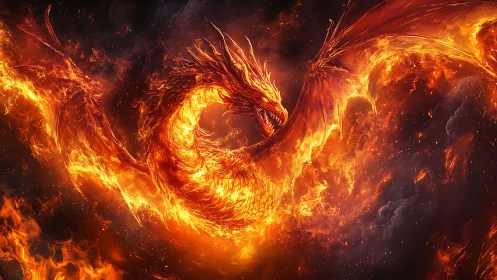 Fiery dragon coils in blazing storm of molten flame.