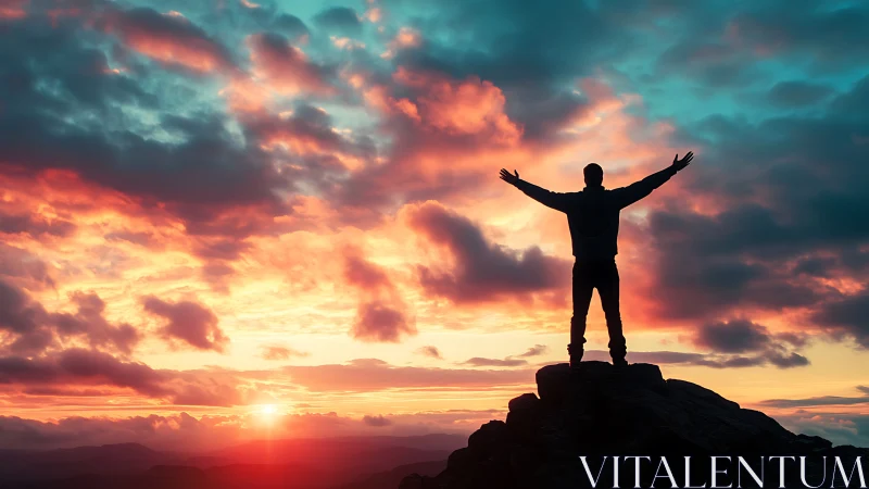 Sky-drunk wanderer greeting a blushing sunrise horizon.