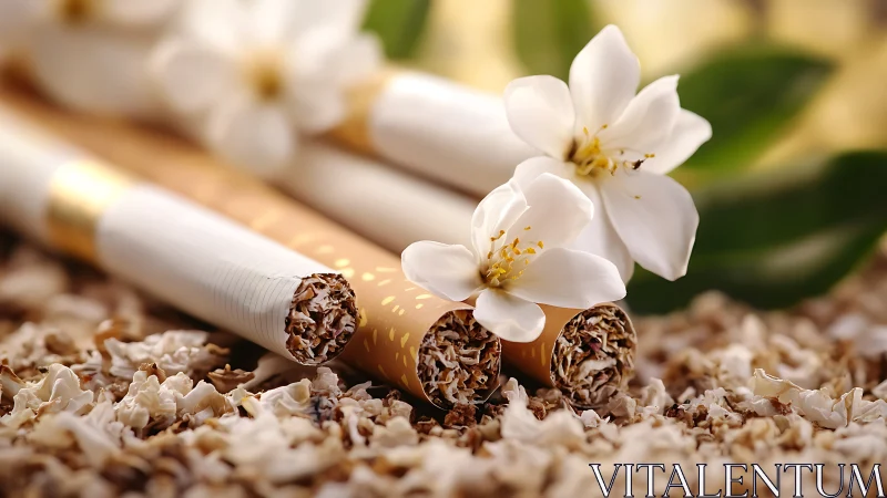 Floral cigarettes rest among petals in soft golden light.