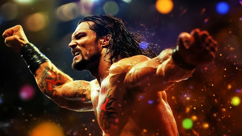 Roaring tattooed wrestler crowned in neon arena sparks.