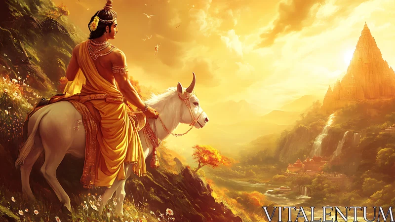 Golden rider gazes toward a radiant temple across valleys
