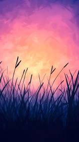 Twilight meadow silhouettes under radiant gradient sky.