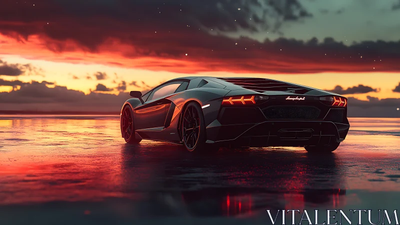 Black sports car on reflective wet surface at red sunset.