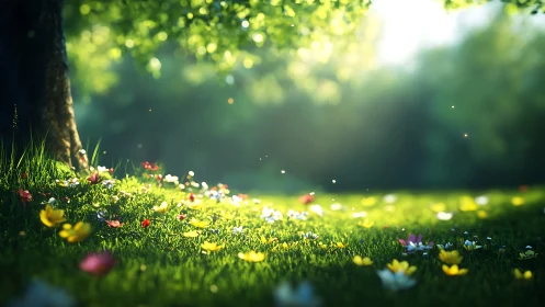 Sunlit wildflower meadow glows beneath soft spring canopy