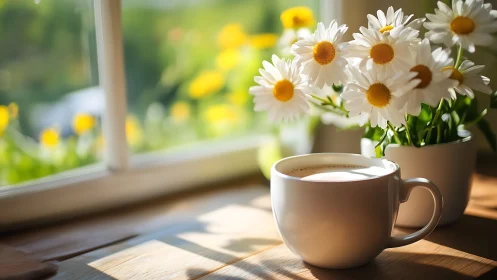 Sunlit Window Composition: White Daisies and Coffee in Warm Ambient Light