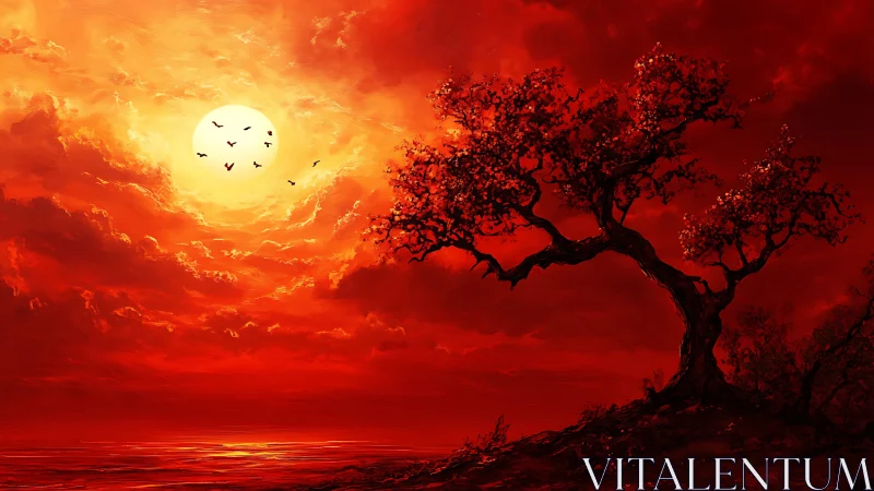 Glowing crimson sunset embracing a lone windswept tree.