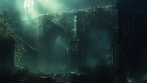 Moonlit ruins wrapped in mist and quiet green shadows.
