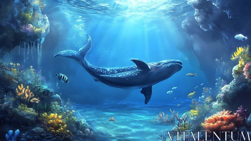 Majestic blue whale drifting through radiant coral grotto.